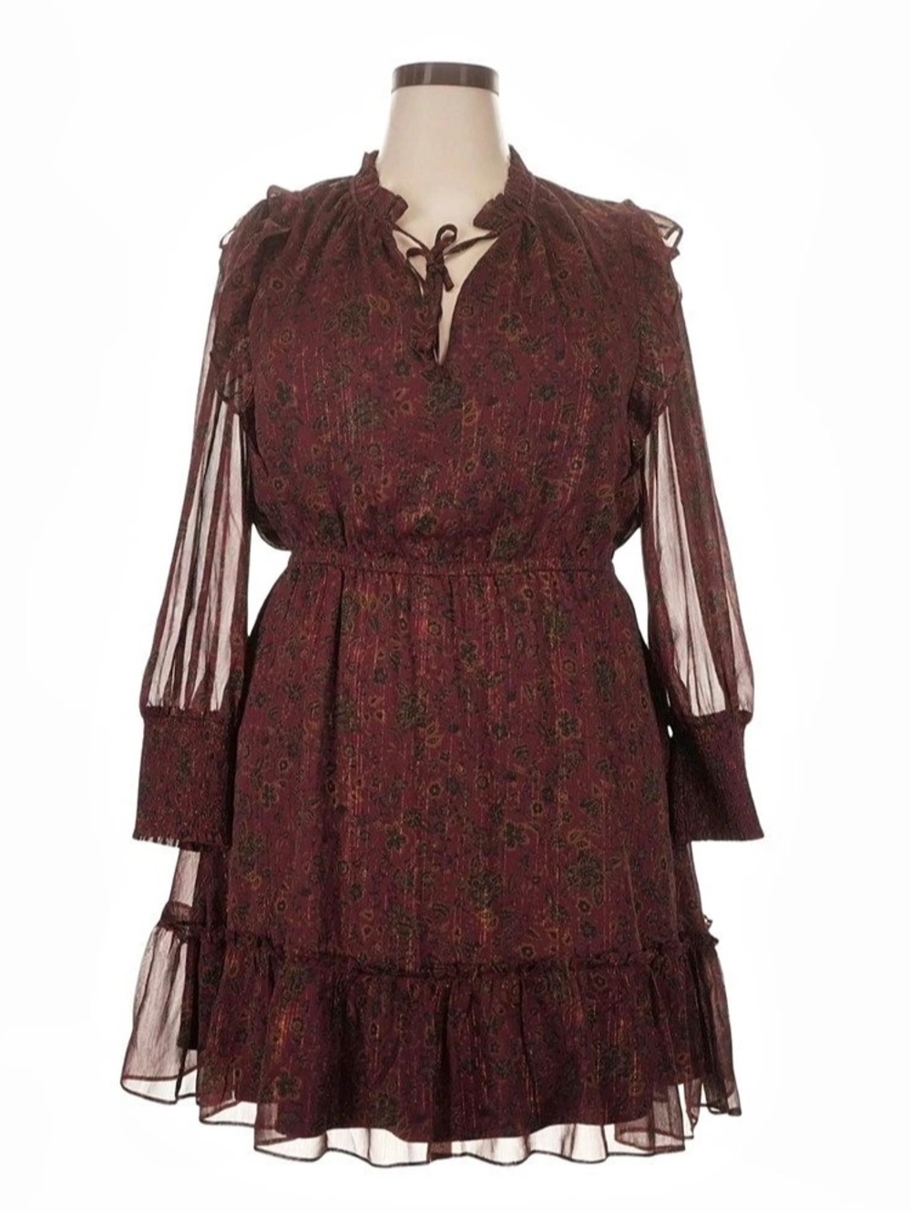 Fall Burgundy Floral Tiered Mini Dress Like New